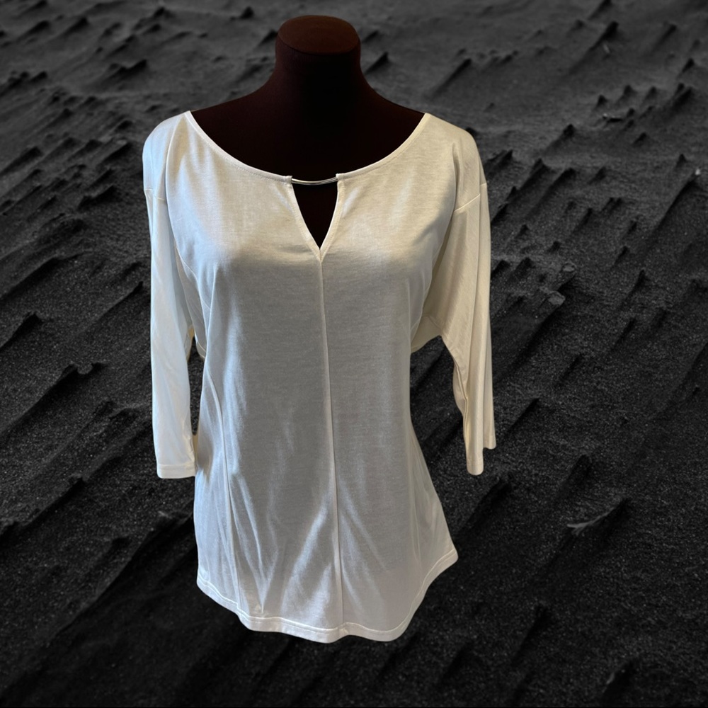 NWT Calvin Klein silky jersey top trimmed with silver neckline